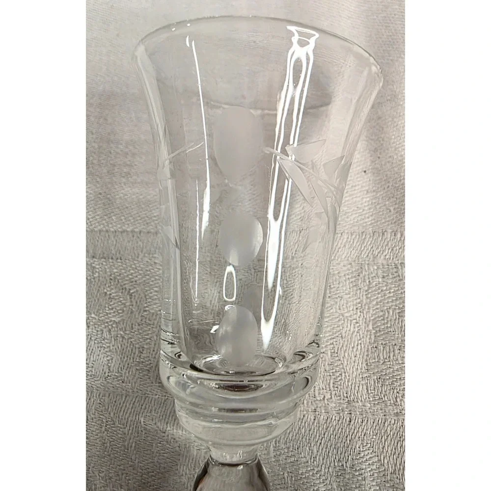 Vtg. Etched Crystal Cordial Glasses Set of 6 Floral Leaf Stemware 3.75 Inch 1 oz